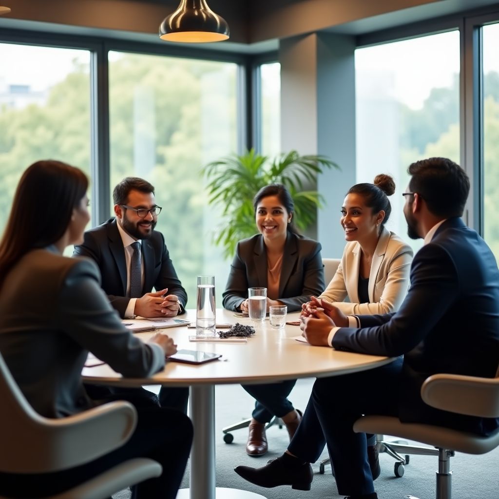 Coach guiding business leaders in modern office setting